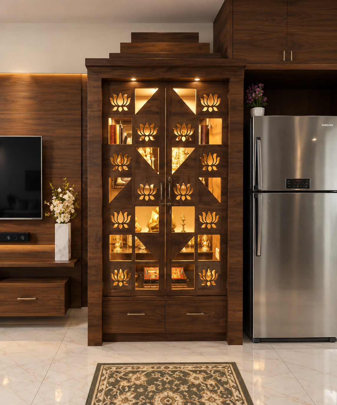 Wooden pooja unit with jaali lattice work